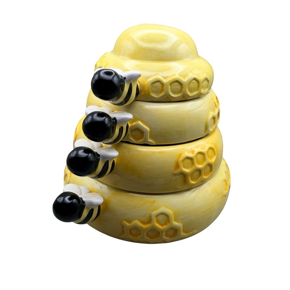 Ceramic Beehive Stacking Measuring Cups Set Yellow Honeycomb Bumblebee 4 Piece - Picture 2 of 9